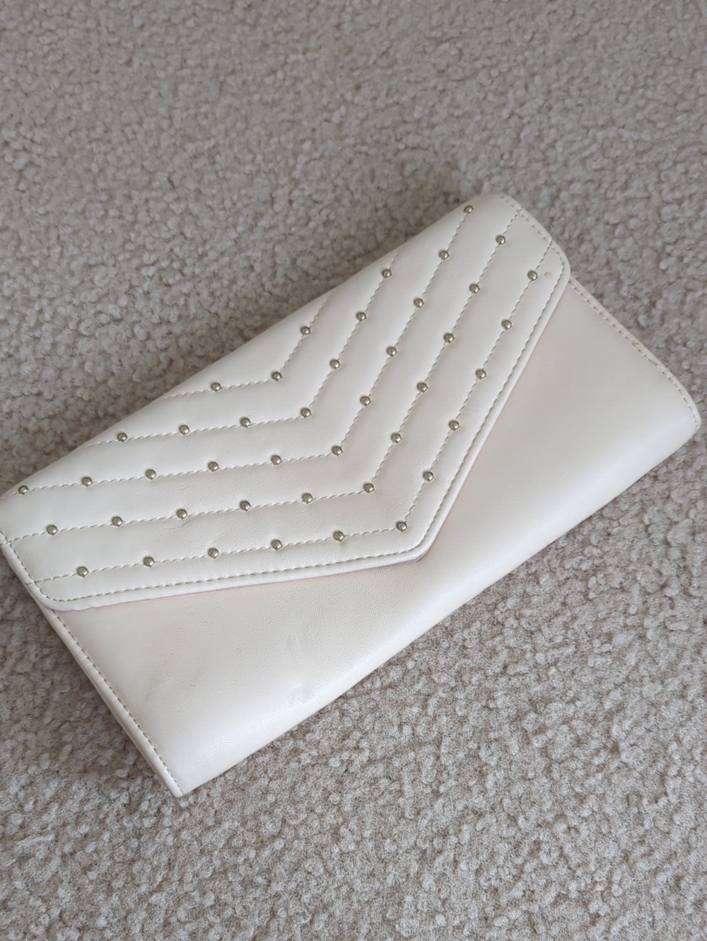 Ivory Quilted Envelope Clutch with Silver Stud Accents And Gold Chain